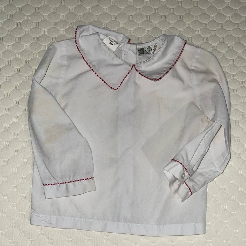 Royal Kidz white long sleeve top Peter Pan Collar trimmed red white gingham 12mo